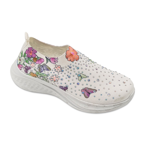 Women's Fly Knit Casual Walking Shoes with Flowers And Rhinestones