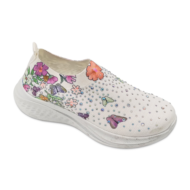 Women's Fly Knit Casual Walking Shoes with Flowers And Rhinestones