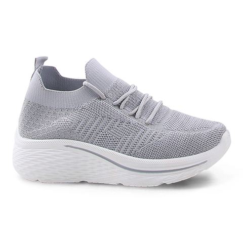  Women's Knit Upper Casual Shoes with PVC Injection Outsole Solid Color Thick Soled Lace-up Shoes