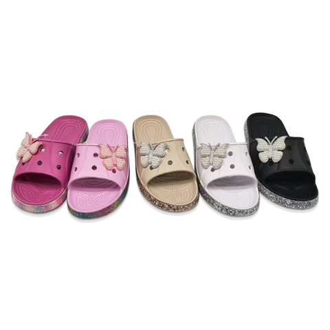 EVA Women's Slippers Shining Colorful Soles Sandal Summer Solid Color Slippers with Pearl Butterfly Decoration