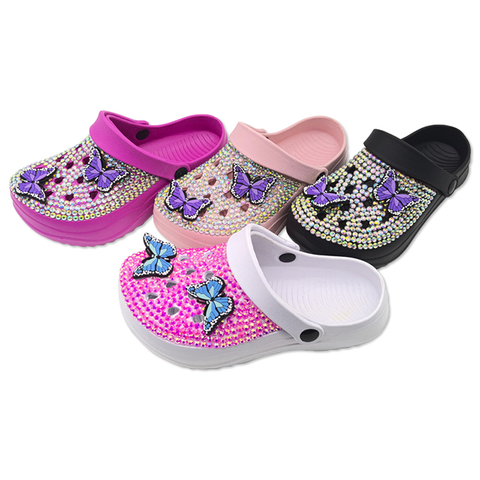Ladies Soft EVA Garden Shoes Women And Girls Breathable Chunky Eva Clogs with Rhinestone On The Shoes Upper