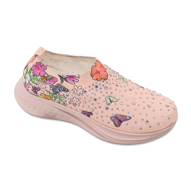 Women's Fly Knit Casual Walking Shoes with Flowers And Rhinestones