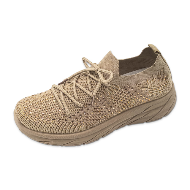 Injection Shoes for Women Lace Up Shoes Performance Solid Color Walking Sneakers Decorated with Diamonds