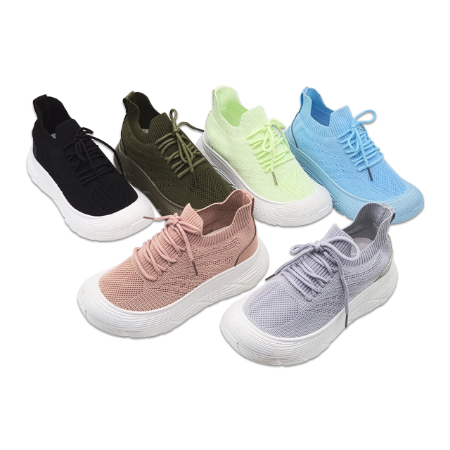 Women Shoes Casual Sneakers With Shoe Laces Flying Knitting Upper PVC Injection Shoes Solid Color