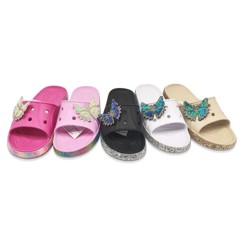 EVA Women's Slippers Shining Colorful Soles Sandal Summer Solid Color Slippers with Sparkling Swallow Tail Butterfly Decoration